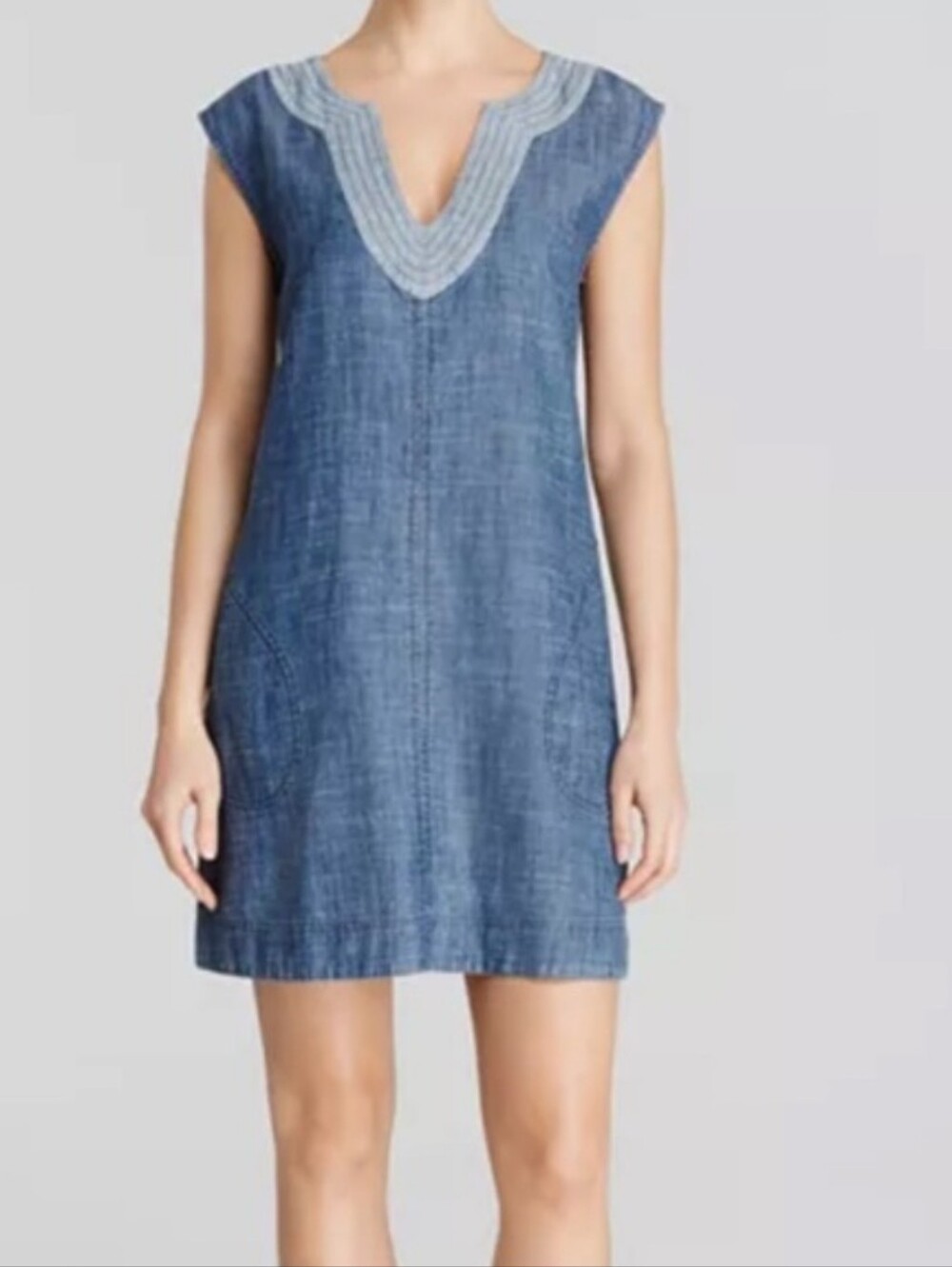Trina Turk Shelby Denim Sleeveless Shift Dress in Blue with Contrast Trim 2